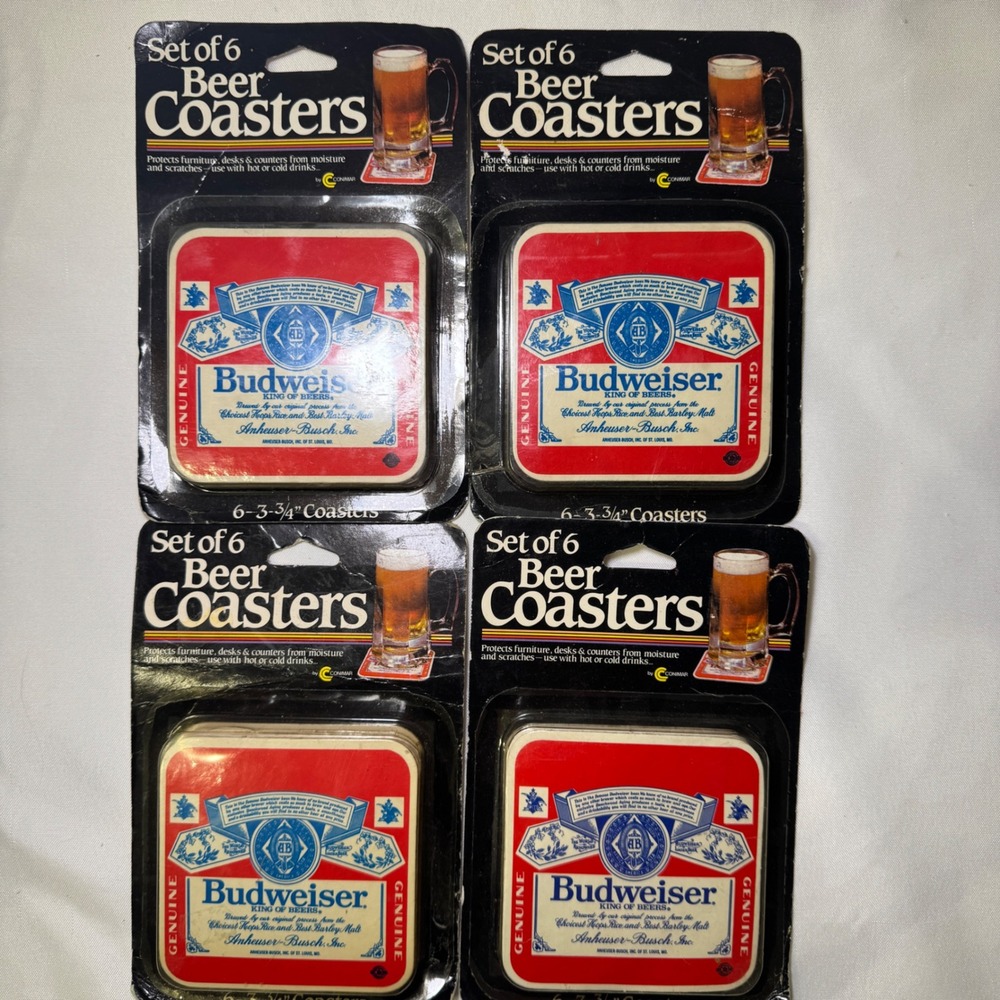 Vintage Budweiser‎ Beer Coasters Set of 24 New Old Stock Cork Backed Conimar 4pk
